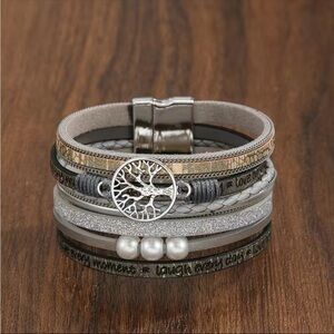Hollow Tree Of Life Letters Pearl Women's Leather
Bracelet